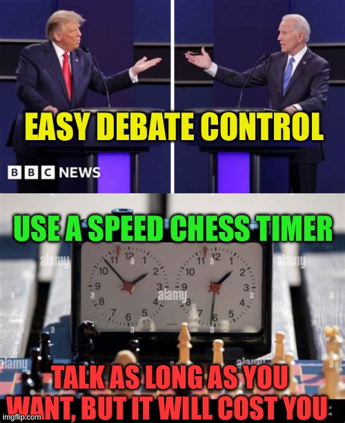 Equal time for both | EASY DEBATE CONTROL; USE A SPEED CHESS TIMER; TALK AS LONG AS YOU WANT, BUT IT WILL COST YOU | image tagged in gifs,biden,democrats,presidential debate,president trump | made w/ Imgflip meme maker