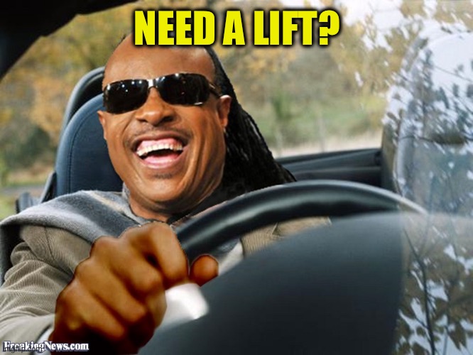 Stevie Wonder Driving | NEED A LIFT? | image tagged in stevie wonder driving | made w/ Imgflip meme maker