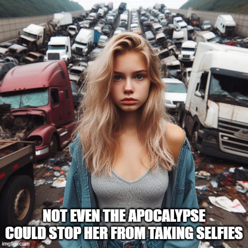 "Self" absorbed | NOT EVEN THE APOCALYPSE COULD STOP HER FROM TAKING SELFIES | image tagged in funny | made w/ Imgflip meme maker