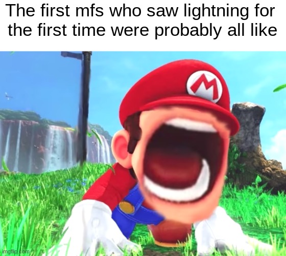 "THE WORLD IS ENDING!" | The first mfs who saw lightning for 
the first time were probably all like | image tagged in mario screaming,lightning,history memes | made w/ Imgflip meme maker