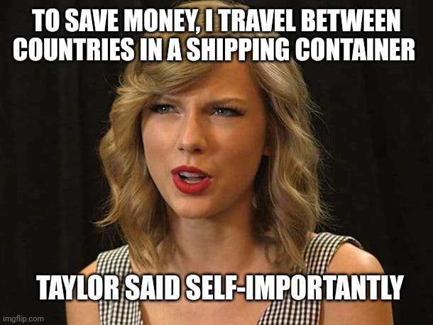 Taylor said self-importantly | TO SAVE MONEY, I TRAVEL BETWEEN COUNTRIES IN A SHIPPING CONTAINER; TAYLOR SAID SELF-IMPORTANTLY | image tagged in taylor swiftie | made w/ Imgflip meme maker