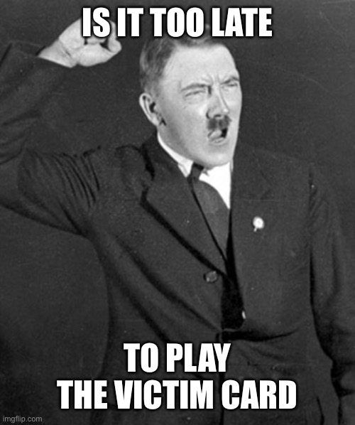 Angry Hitler | IS IT TOO LATE TO PLAY THE VICTIM CARD | image tagged in angry hitler | made w/ Imgflip meme maker