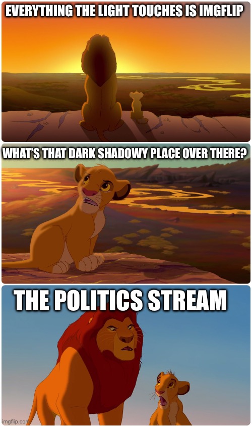 Everything the light touches | EVERYTHING THE LIGHT TOUCHES IS IMGFLIP; WHAT’S THAT DARK SHADOWY PLACE OVER THERE? THE POLITICS STREAM | image tagged in everything the light touches | made w/ Imgflip meme maker