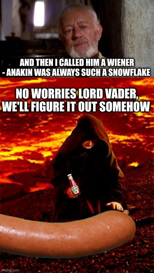 Don't be wiener, be assertive | AND THEN I CALLED HIM A WIENER - ANAKIN WAS ALWAYS SUCH A SNOWFLAKE; NO WORRIES LORD VADER, WE'LL FIGURE IT OUT SOMEHOW | image tagged in kenobi remembers anakin,he's still alive,wiener,sausage | made w/ Imgflip meme maker