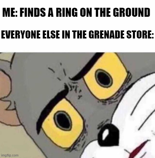 "Sweet, I could sell this-" | ME: FINDS A RING ON THE GROUND; EVERYONE ELSE IN THE GRENADE STORE: | image tagged in tom cat unsettled close up,funny memes,memes,lol so funny,epstein didn't kill himself | made w/ Imgflip meme maker
