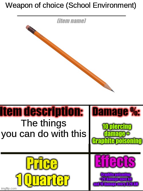 Item for sale | Weapon of choice (School Environment); The things you can do with this; 10 piercing damage + Graphite poisoning; 1 Quarter; Graphite poisoning: +20 damage upon hit and 10 damage every 8:20 AM | image tagged in item-shop extended | made w/ Imgflip meme maker