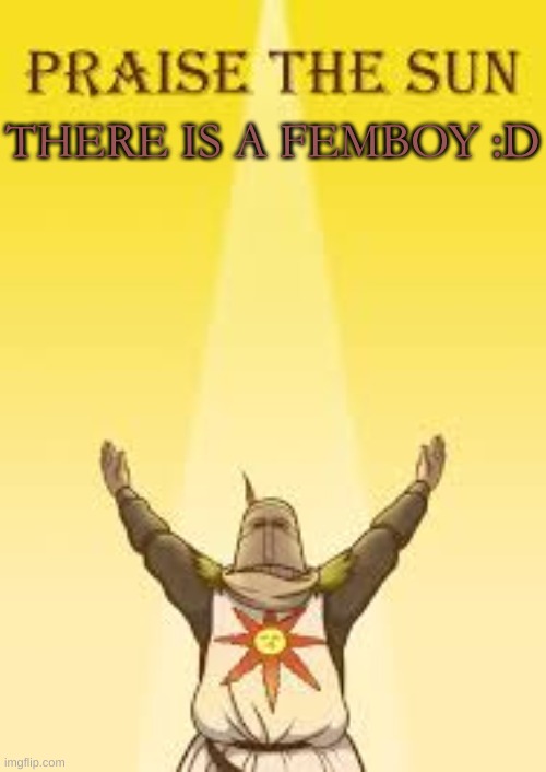 praise the sun | THERE IS A FEMBOY :D | image tagged in praise the sun | made w/ Imgflip meme maker