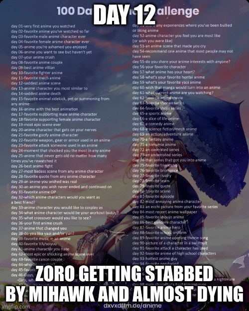 it was sad | DAY 12; ZORO GETTING STABBED BY MIHAWK AND ALMOST DYING | image tagged in 100 day anime challenge | made w/ Imgflip meme maker