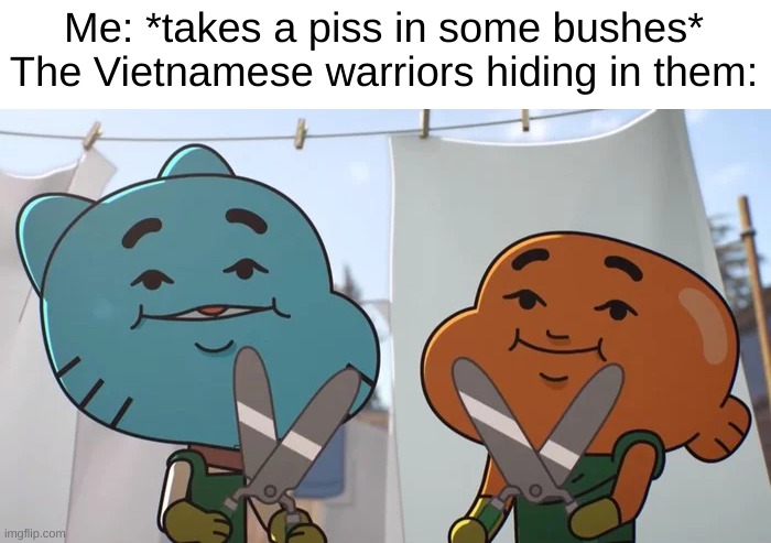 first actual meme here in a few months | Me: *takes a piss in some bushes*
The Vietnamese warriors hiding in them: | image tagged in lost privileges,dive | made w/ Imgflip meme maker