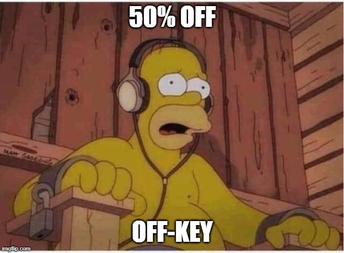 50% Off... key | 50% OFF; OFF-KEY | image tagged in chair of suffering,music meme,music joke | made w/ Imgflip meme maker