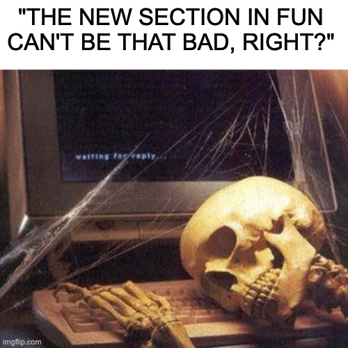 Rip | "THE NEW SECTION IN FUN CAN'T BE THAT BAD, RIGHT?" | image tagged in dead skeleton,fun | made w/ Imgflip meme maker