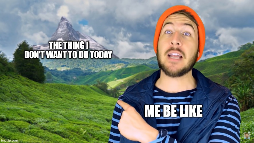 I don't want to do that thing today | THE THING I DON'T WANT TO DO TODAY; ME BE LIKE | image tagged in ryan george pointing at a mountain,jpfan102504 | made w/ Imgflip meme maker