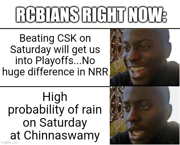 RCB fans right now be like | RCBIANS RIGHT NOW:; Beating CSK on Saturday will get us into Playoffs...No huge difference in NRR; High probability of rain on Saturday at Chinnaswamy | image tagged in disappointed black guy,cricket,sad but true,sad,funny | made w/ Imgflip meme maker