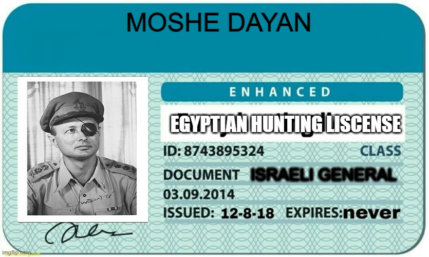 Moshe Dayane, the nightmare of Egypt | MOSHE DAYAN; EGYPTIAN HUNTING LISCENSE; ISRAELI GENERAL | image tagged in furry hunting license,israel,egypt,general | made w/ Imgflip meme maker