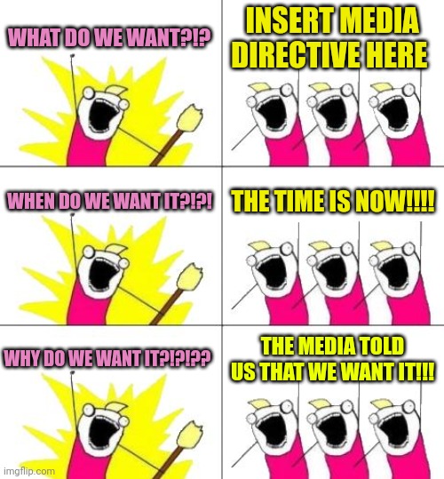 What Do We Want 3 | WHAT DO WE WANT?!? INSERT MEDIA DIRECTIVE HERE; WHEN DO WE WANT IT?!?! THE TIME IS NOW!!!! WHY DO WE WANT IT?!?!?? THE MEDIA TOLD US THAT WE WANT IT!!! | image tagged in memes,what do we want 3 | made w/ Imgflip meme maker