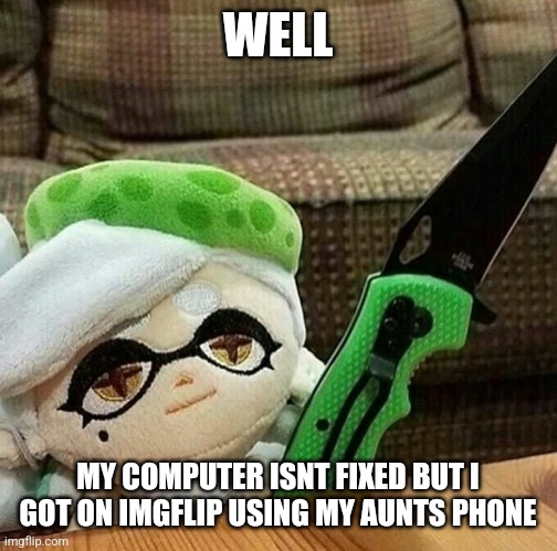 Marie plush with a knife | WELL; MY COMPUTER ISNT FIXED BUT I GOT ON IMGFLIP USING MY AUNTS PHONE | image tagged in marie plush with a knife | made w/ Imgflip meme maker