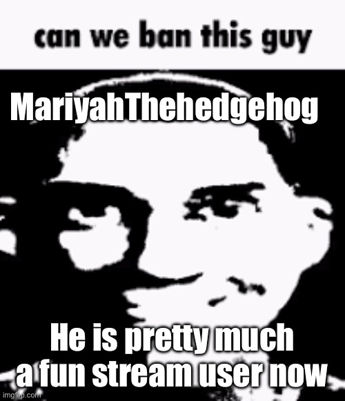 Can we ban this guy | MariyahThehedgehog; He is pretty much a fun stream user now | image tagged in can we ban this guy | made w/ Imgflip meme maker