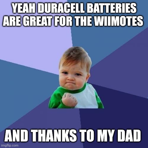 HELL YEAH! | YEAH DURACELL BATTERIES ARE GREAT FOR THE WIIMOTES; AND THANKS TO MY DAD | image tagged in memes,success kid | made w/ Imgflip meme maker