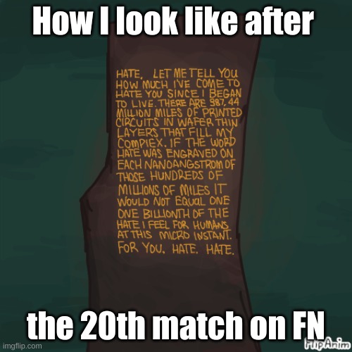 i am AM, I AM | How I look like after; the 20th match on FN | image tagged in hate,let me tell you how much ive come to hate,am,ihnmaims | made w/ Imgflip meme maker