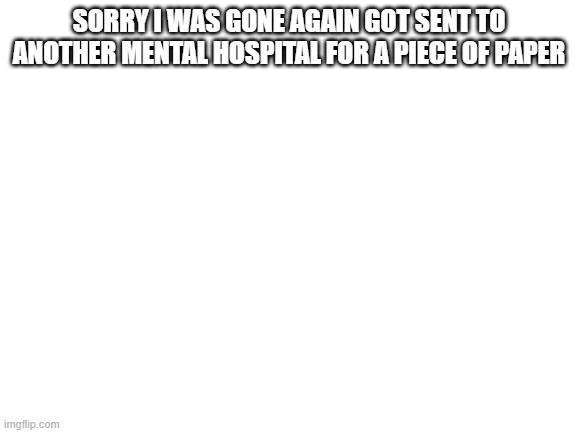 sorry | SORRY I WAS GONE AGAIN GOT SENT TO ANOTHER MENTAL HOSPITAL FOR A PIECE OF PAPER | image tagged in blank white template | made w/ Imgflip meme maker
