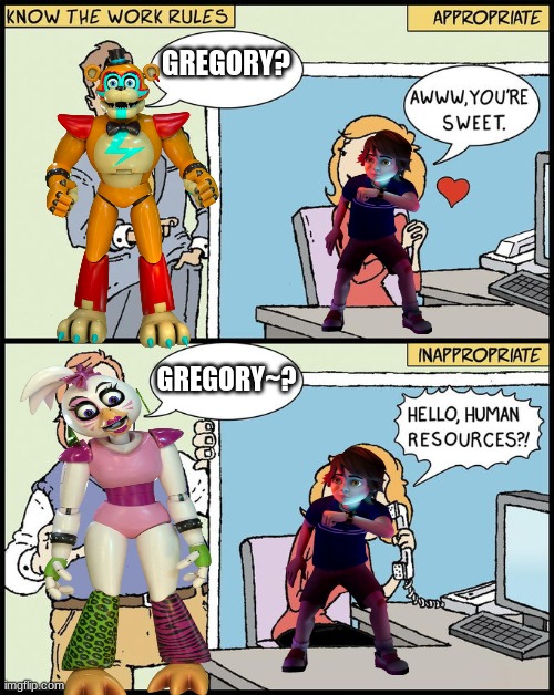 who wants candy? | GREGORY? GREGORY~? | image tagged in flirting vs harrasment,fnaf security breach,freddy,chica | made w/ Imgflip meme maker