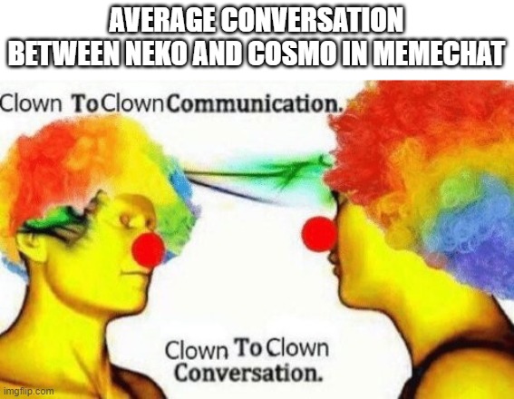 endless ranting and relatableness | AVERAGE CONVERSATION BETWEEN NEKO AND COSMO IN MEMECHAT | image tagged in clown to clown conversation | made w/ Imgflip meme maker