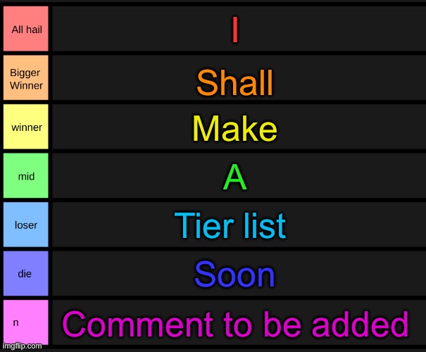 yoshi's tier list | I; Shall; Make; A; Tier list; Soon; Comment to be added | image tagged in yoshi's tier list | made w/ Imgflip meme maker