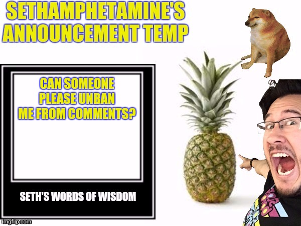 Seth's announcement temp | CAN SOMEONE PLEASE UNBAN ME FROM COMMENTS? | image tagged in seth's announcement temp | made w/ Imgflip meme maker