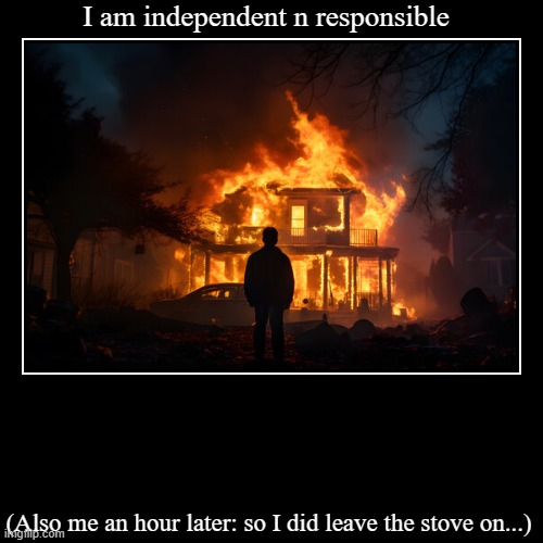Trust me tho... I AM independent n responsible | I am independent n responsible | (Also me an hour later: so I did leave the stove on...) | image tagged in funny,demotivationals | made w/ Imgflip demotivational maker