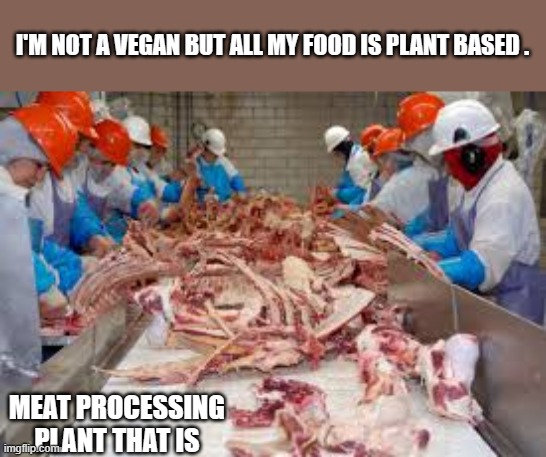 memes by Brad - My meat is plant based - humor | I'M NOT A VEGAN BUT ALL MY FOOD IS PLANT BASED . MEAT PROCESSING PLANT THAT IS | image tagged in funny,fun,meat,plants,humor,funny meme | made w/ Imgflip meme maker