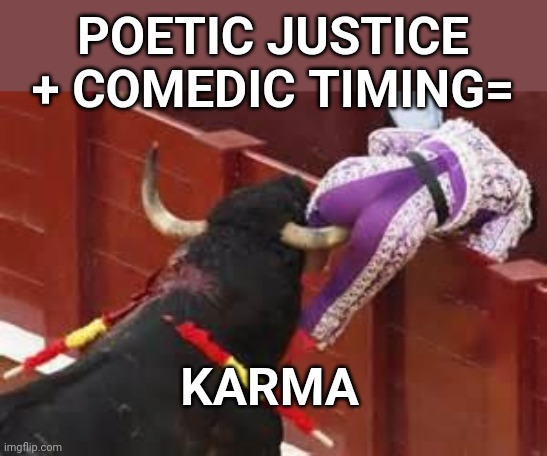 IT MIGHT TAKE AWHILE, BUT IT GETS THERE. | POETIC JUSTICE + COMEDIC TIMING=; KARMA | image tagged in karma | made w/ Imgflip meme maker