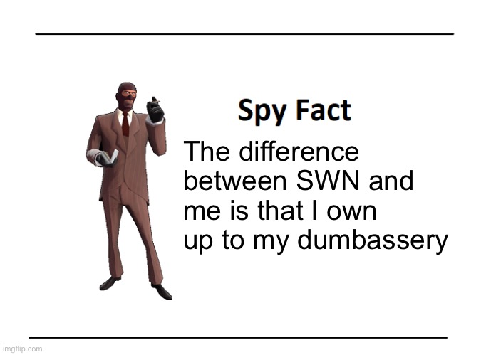 Spy Fact | The difference between SWN and me is that I own up to my dumbassery | image tagged in spy fact | made w/ Imgflip meme maker