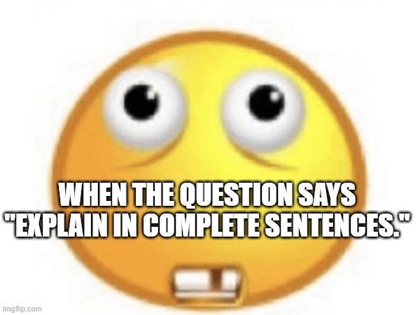 when im asked to explain in complete sentences | WHEN THE QUESTION SAYS "EXPLAIN IN COMPLETE SENTENCES." | image tagged in funny memes | made w/ Imgflip meme maker