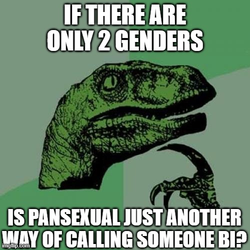 Shower thought of the day | IF THERE ARE ONLY 2 GENDERS; IS PANSEXUAL JUST ANOTHER WAY OF CALLING SOMEONE BI? | image tagged in memes,philosoraptor,pansexual,bi,questions,philosoraptor's question of the day | made w/ Imgflip meme maker
