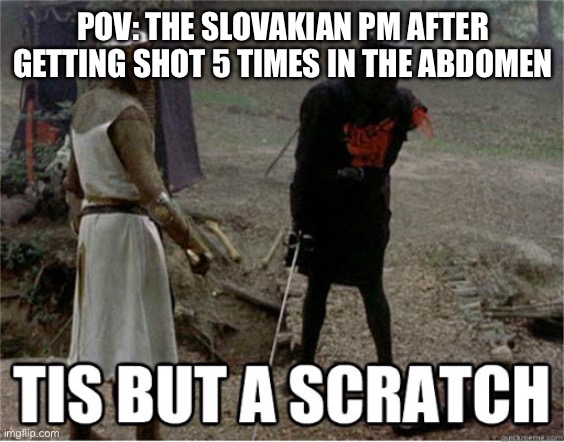 Bro built ford tough | POV: THE SLOVAKIAN PM AFTER GETTING SHOT 5 TIMES IN THE ABDOMEN | image tagged in tis but a scratch | made w/ Imgflip meme maker