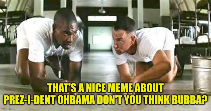 bubba gump shrimp | THAT'S A NICE MEME ABOUT PREZ-I-DENT OHBAMA DON'T YOU THINK BUBBA? | image tagged in bubba gump shrimp | made w/ Imgflip meme maker