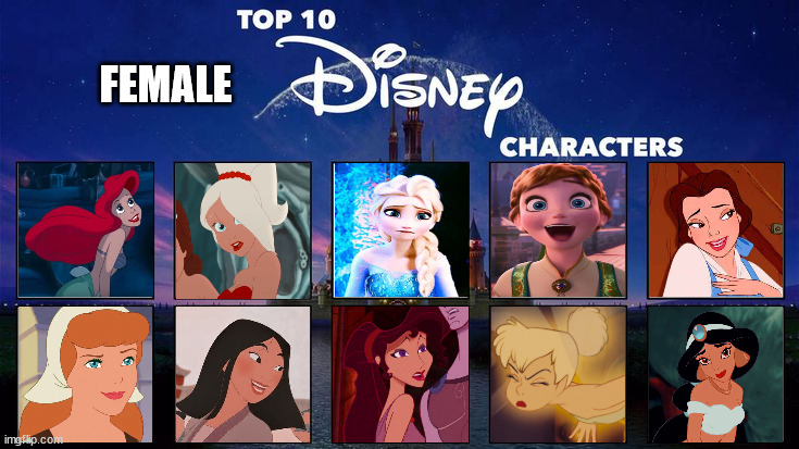 top 10 female disney characters | FEMALE | image tagged in top 10 disney characters,female logic,the little mermaid,frozen,anime,cartoons | made w/ Imgflip meme maker