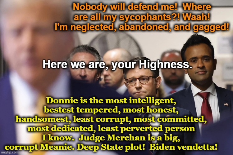 MAGA Sycophants | Nobody will defend me!  Where are all my sycophants?! Waah! I'm neglected, abandoned, and gagged! Here we are, your Highness. Donnie is the most intelligent, bestest tempered, most honest, handsomest, least corrupt, most committed, most dedicated, least perverted person I know.  Judge Merchan is a big, corrupt Meanie. Deep State plot!  Biden vendetta! | image tagged in trump,donald trump approves,donald trump is an idiot,basket of deplorables,nevertrump meme,right wing | made w/ Imgflip meme maker
