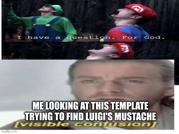 ME LOOKING AT THIS TEMPLATE TRYING TO FIND LUIGI'S MUSTACHE | image tagged in question,mario,visible confusion | made w/ Imgflip meme maker