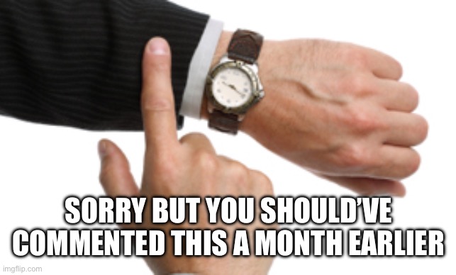 SORRY BUT YOU SHOULD’VE COMMENTED THIS A MONTH EARLIER | image tagged in clock watch | made w/ Imgflip meme maker