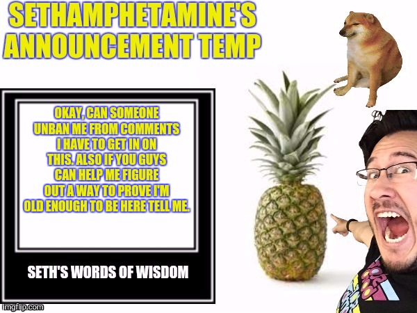 Seth's announcement temp | OKAY, CAN SOMEONE UNBAN ME FROM COMMENTS I HAVE TO GET IN ON THIS. ALSO IF YOU GUYS CAN HELP ME FIGURE OUT A WAY TO PROVE I'M OLD ENOUGH TO BE HERE TELL ME. | image tagged in seth's announcement temp | made w/ Imgflip meme maker