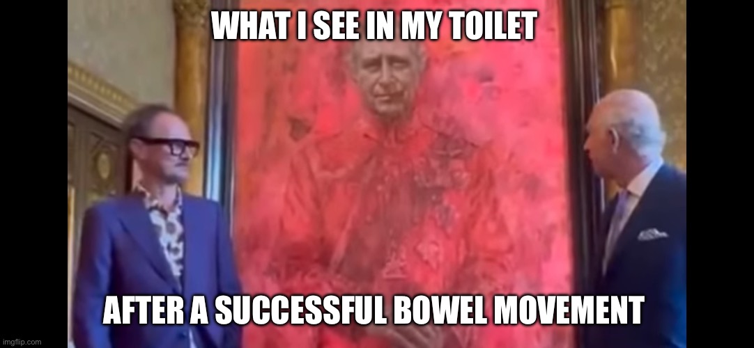 Bowel movement | WHAT I SEE IN MY TOILET; AFTER A SUCCESSFUL BOWEL MOVEMENT | image tagged in prince king charles evil self portrait art | made w/ Imgflip meme maker