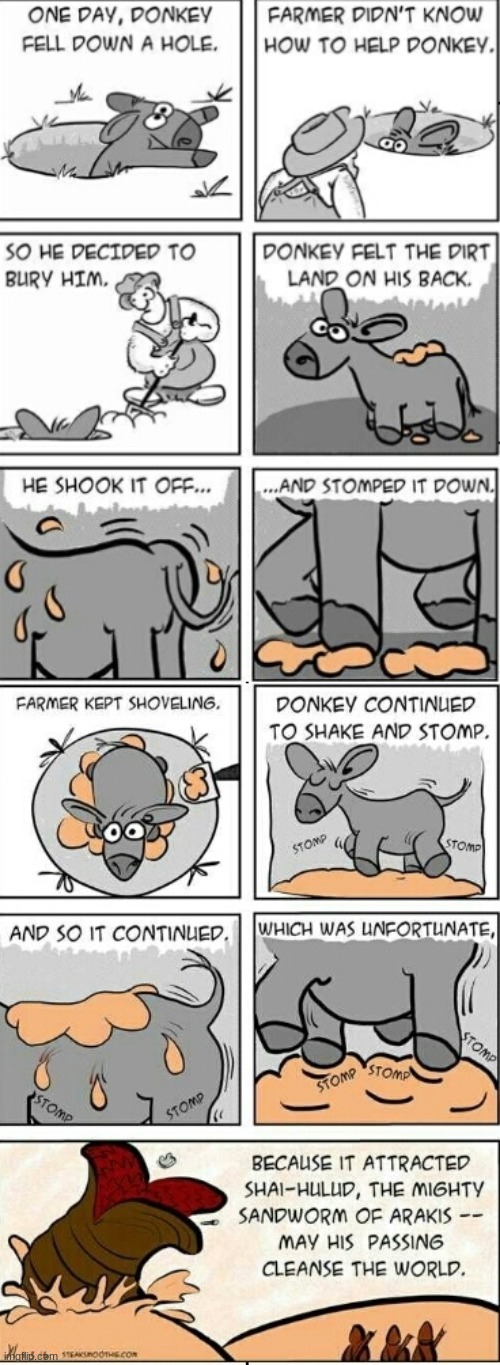 Donkey in a hole | image tagged in donkey,wholesome,dune,shai-halud,parable,nerdy | made w/ Imgflip meme maker