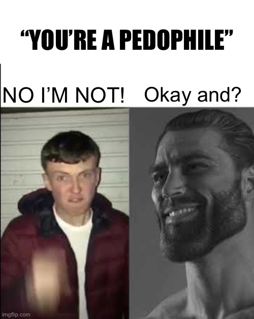 Giga chad template | “YOU’RE A PEDOPHILE”; NO I’M NOT! Okay and? | image tagged in giga chad template | made w/ Imgflip meme maker