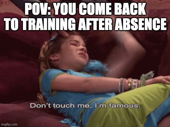 So true | POV: YOU COME BACK TO TRAINING AFTER ABSENCE | image tagged in don't touch me i'm famous | made w/ Imgflip meme maker