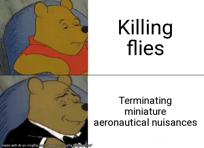 so much swag | Killing flies; Terminating miniature aeronautical nuisances | image tagged in memes,tuxedo winnie the pooh | made w/ Imgflip meme maker