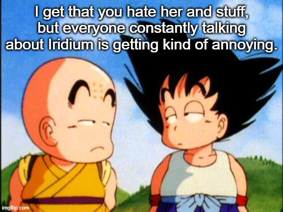 Kid Goku | I get that you hate her and stuff, but everyone constantly talking about Iridium is getting kind of annoying. | image tagged in kid goku | made w/ Imgflip meme maker