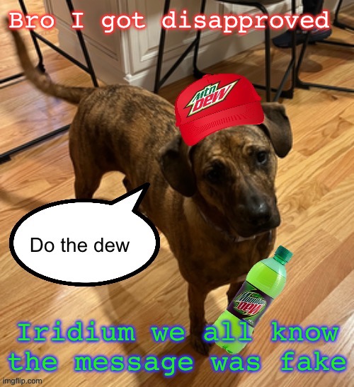 Do the dew | Bro I got disapproved; Iridium we all know the message was fake | image tagged in do the dew | made w/ Imgflip meme maker