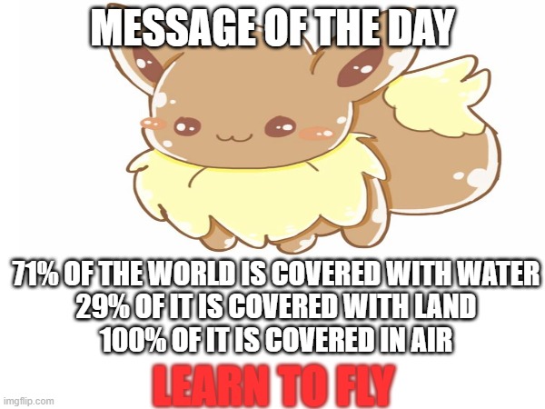 *mildly threatening life advice in mildly threatening red text* | MESSAGE OF THE DAY; 71% OF THE WORLD IS COVERED WITH WATER
29% OF IT IS COVERED WITH LAND
100% OF IT IS COVERED IN AIR; LEARN TO FLY | image tagged in message of the day,eevee | made w/ Imgflip meme maker