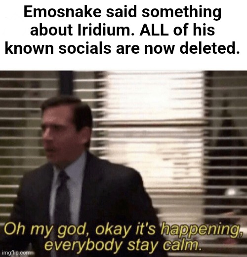 Oh my god,okay it's happening,everybody stay calm | Emosnake said something about Iridium. ALL of his known socials are now deleted. | image tagged in oh my god okay it's happening everybody stay calm | made w/ Imgflip meme maker